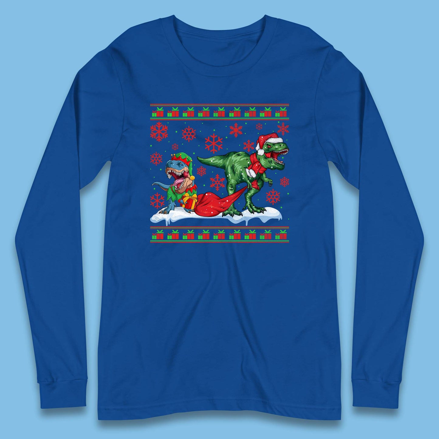 Christmas T-rex Dinosaur Wearing Santa & Elf Costume Long Sleeve T Shirt