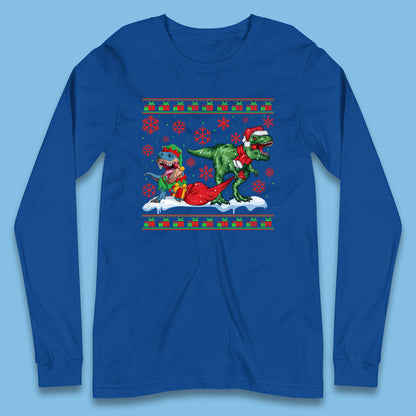 Christmas T-rex Dinosaur Wearing Santa & Elf Costume Long Sleeve T Shirt