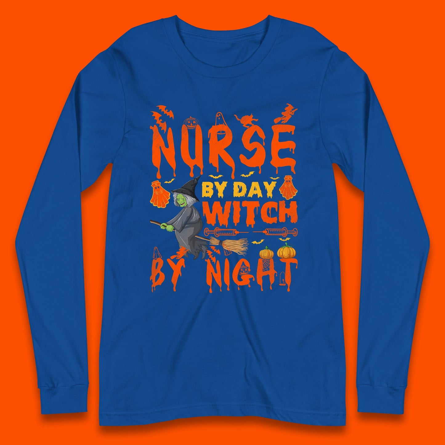 Nurse By Day Witch By Night Halloween Funny Nursing Spooky Nurse Long Sleeve T Shirt