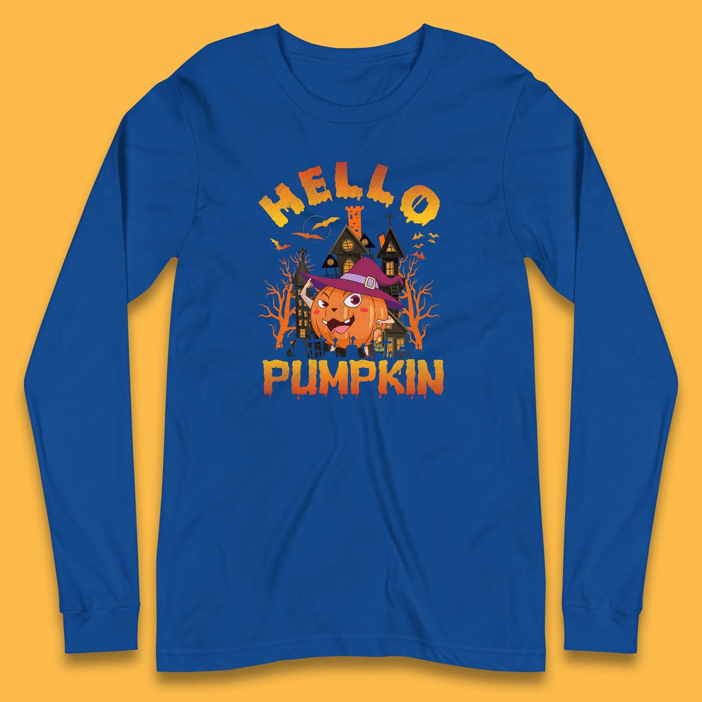 Hello Pumpkin Cartoon Halloween Pumpkin With Witch Hat Devil Smile Haunted Castle Long Sleeve T Shirt