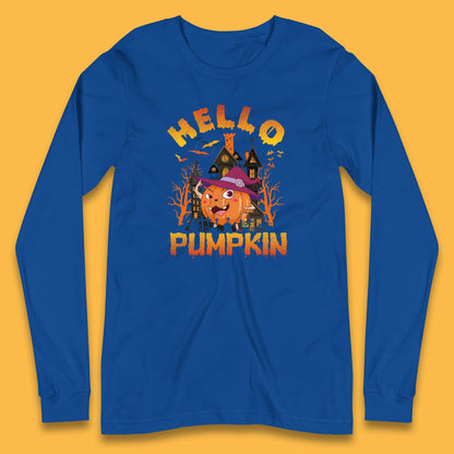 Hello Pumpkin Cartoon Halloween Pumpkin With Witch Hat Devil Smile Haunted Castle Long Sleeve T Shirt