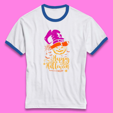 Happy Halloween Witch Hat Pumpkin Horror Scary Jack-o-lantern Flying Bats Ringer T Shirt