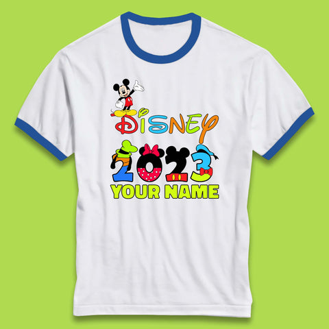 Personalised Disney 2023 Disney Club Your Name Mickey Mouse Minnie Mouse Donald Duck Pluto Goofy Cartoon Characters Disney Vacation Ringer T Shirt