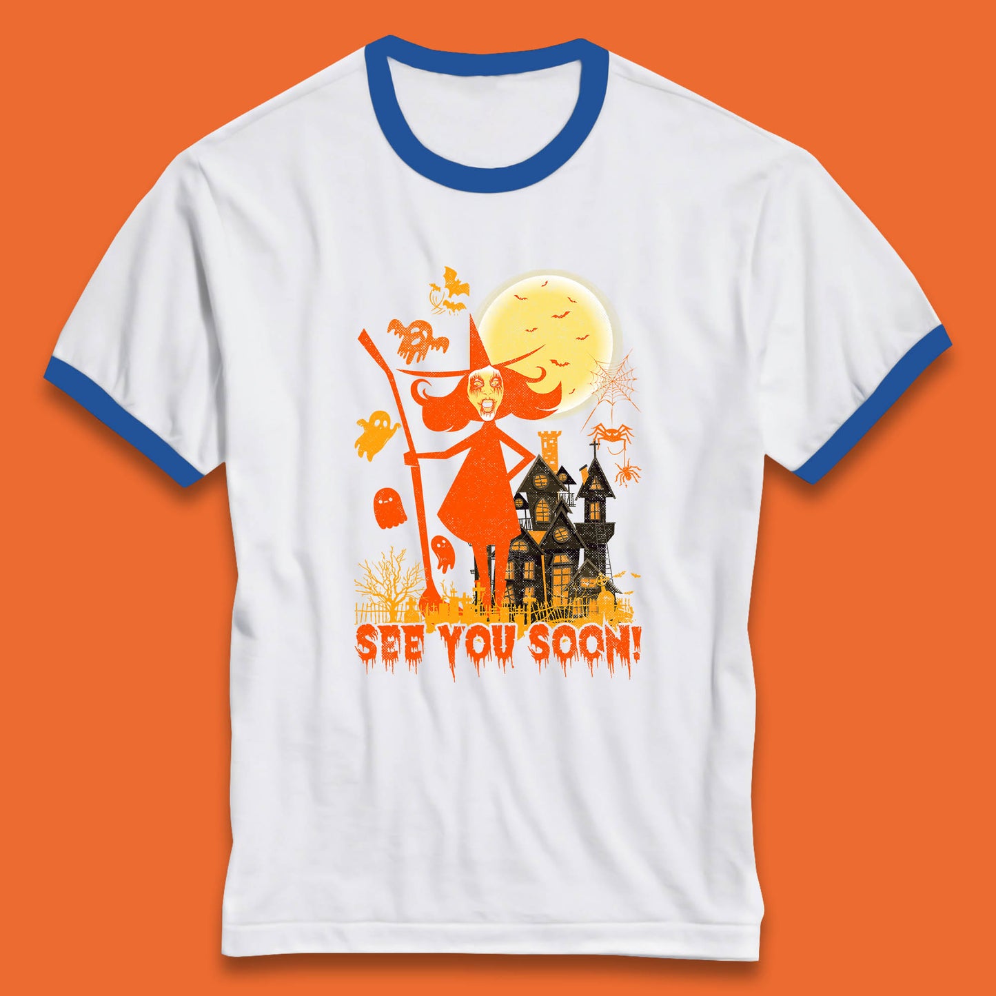 See You Soon Halloween Witch With Broom Horror Scary Haunted House Ringer T Shirt