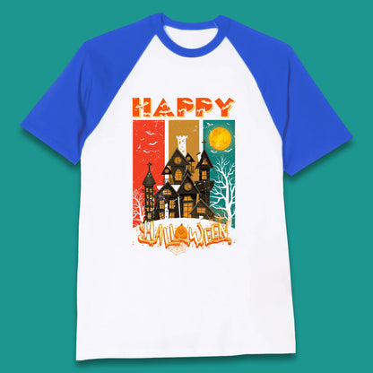 Happy Halloween Vintage Style Horror Scary Haunted House Baseball T Shirt