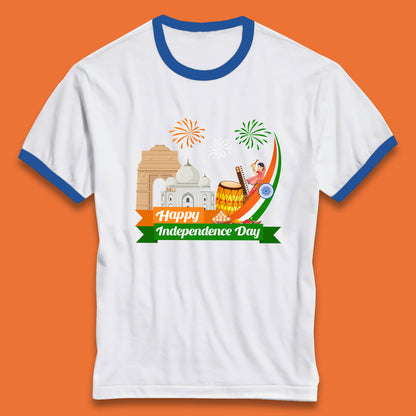 Happy India Independence Day 15th August Patriotic Indian Flag India Architectural Landmarks Ringer T Shirt