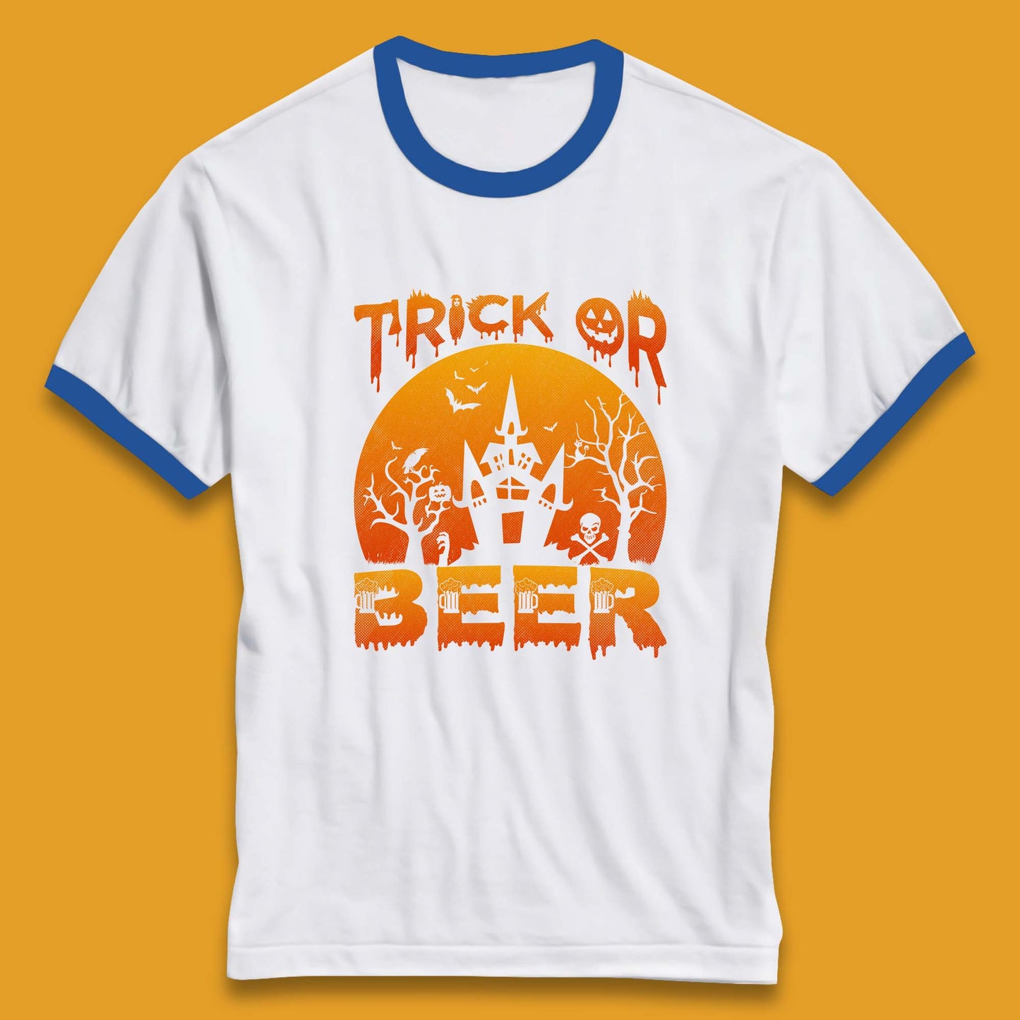 Trick Or Beer Halloween Drinking Beer Lover Horror Haunted House Drinker Halloween Party Ringer T Shirt