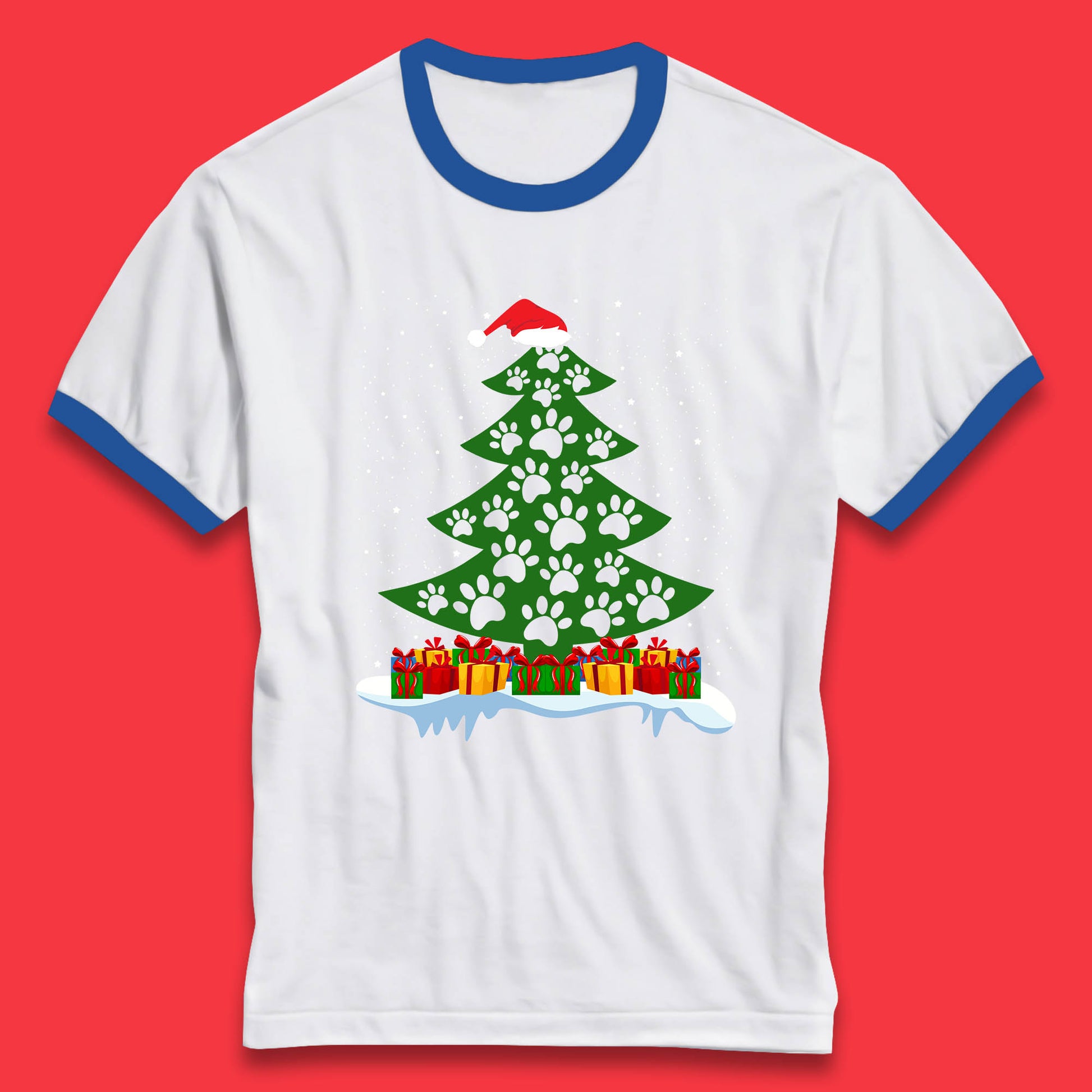 christmas tree with paw prints of dogs ringer t shirt