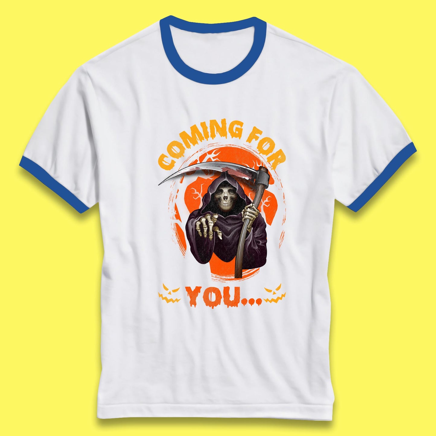 Coming For You Grim Reaper Halloween Skeleton With Scythe Halloween Ghost Ringer T Shirt