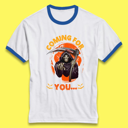 Coming For You Grim Reaper Halloween Skeleton With Scythe Halloween Ghost Ringer T Shirt
