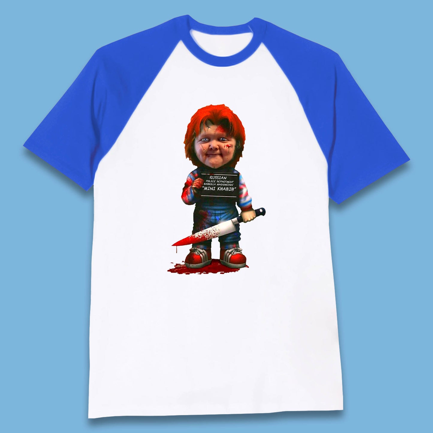 Chucky Mug Shot Russian Police Dept Hasbulla Magomedov Chucky Mini Khabib Inspired Halloween Horror Movie Good Guy Chucky Baseball T Shirt