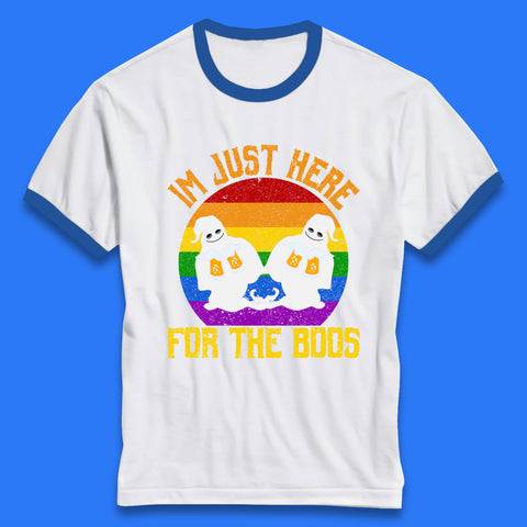 Halloween I Just Here For The Boos Gay Boo Ghosts Drinking Beer LGBTQ Pride Beer Ringer T Shirt