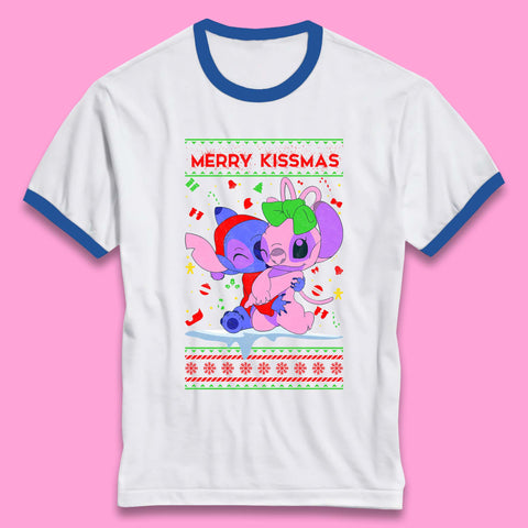 Merry Kissmas Christmas Disney Stitch And Angel Xmas Lilo & Stitch Ringer T Shirt
