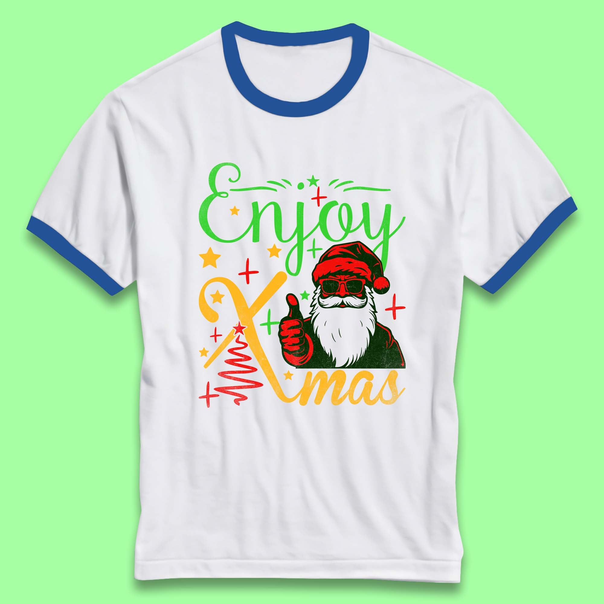 Enjoy Xmas Santa Claus Thumbs Up Merry Christmas Holiday Season Ringer T Shirt