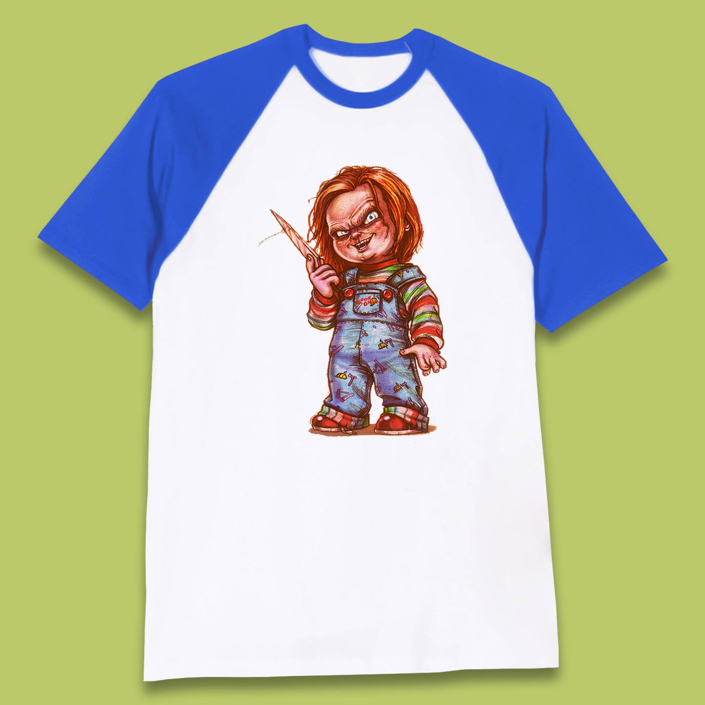 The Horror Movie Character Chucky With Knife Serial Killer Halloween Horror Movie Inspired Chucky Baseball T Shirt