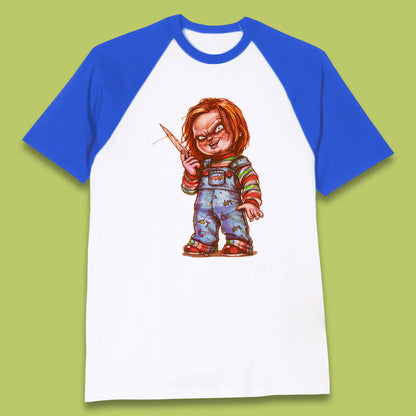 The Horror Movie Character Chucky With Knife Serial Killer Halloween Horror Movie Inspired Chucky Baseball T Shirt