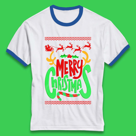 Merry Christmas Santa Claus Reindeer Antlers Xmas Winter Festive Season Ringer T Shirt