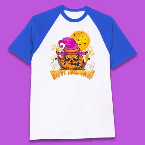 Happy Halloween Pumpkin Witch Hat Jack-o'-lantern With Full Moon Flying Bats Horror Scary Boo Ghost Baseball T Shirt