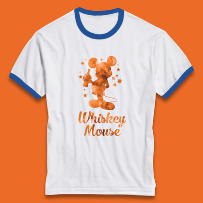 Whiskey Mouse Mickey Minnie Mouse Cartoon Character Holding Beer Bottle Disneyland Whiskey Lovers Ringer T Shirt