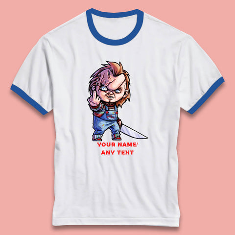 Personalised Chucky With Knife Your Name Or Text Halloween Horror Movie Character Ringer T Shirt