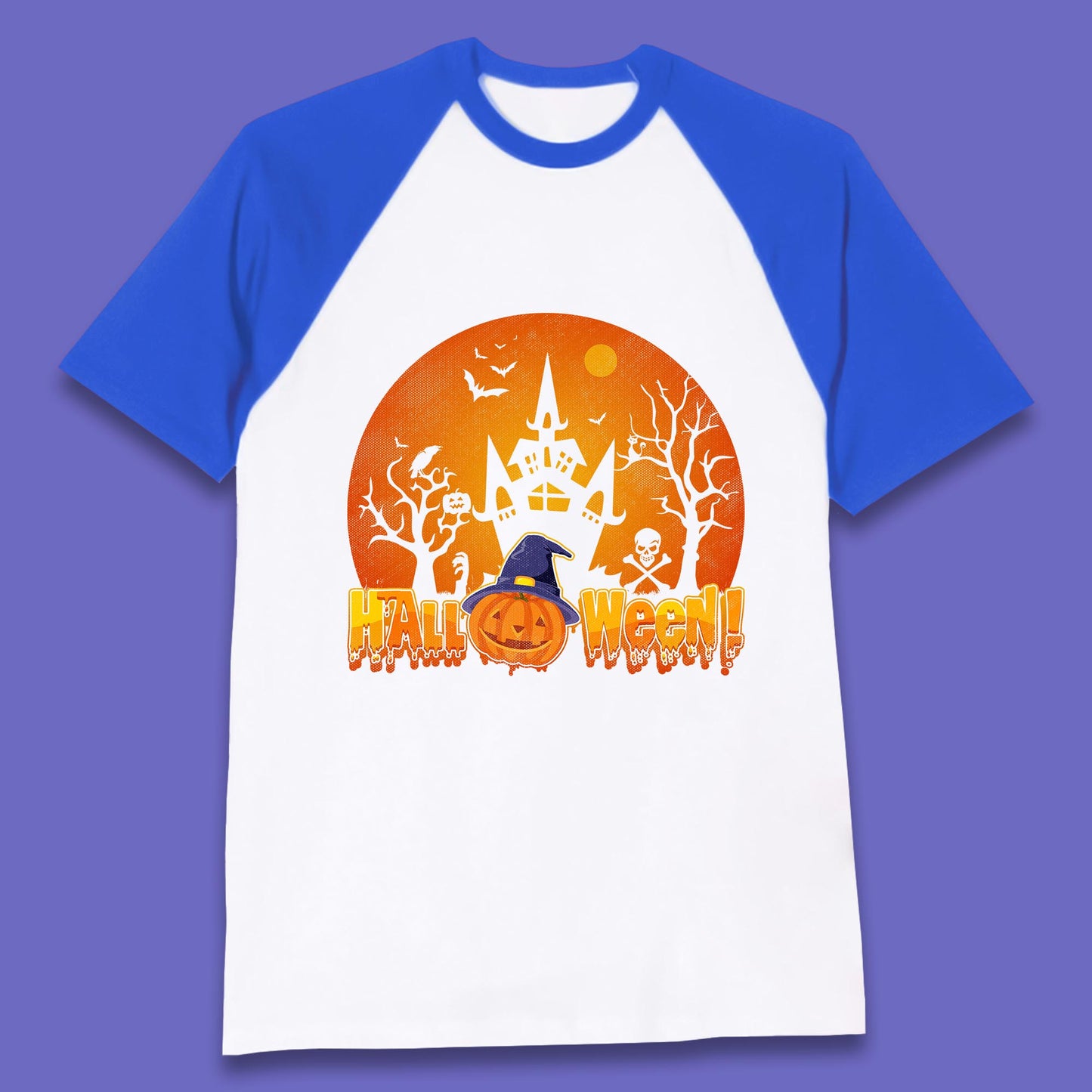 Halloween Pumpkin Witch Hat Haunted Castle Flying Bats Skull Bones Scary Dark Night Baseball T Shirt