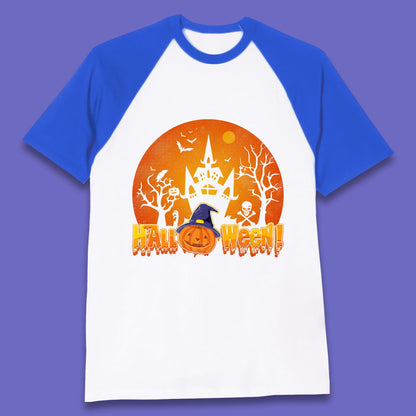 Halloween Pumpkin Witch Hat Haunted Castle Flying Bats Skull Bones Scary Dark Night Baseball T Shirt