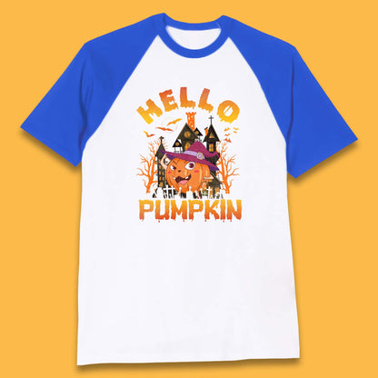 Hello Pumpkin Cartoon Halloween Pumpkin With Witch Hat Devil Smile Haunted Castle Baseball T Shirt