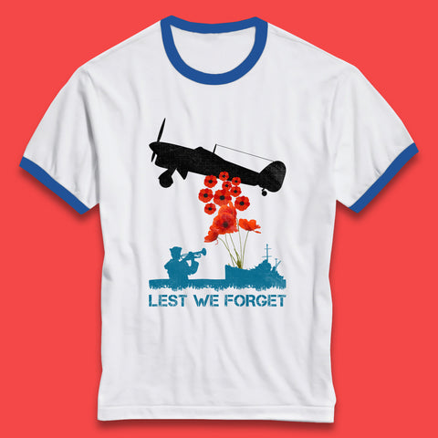 Lest We Forget Remembrance Day Veterans British Armed Forces Poppy Flower Royal Aircraft Ringer T Shirt