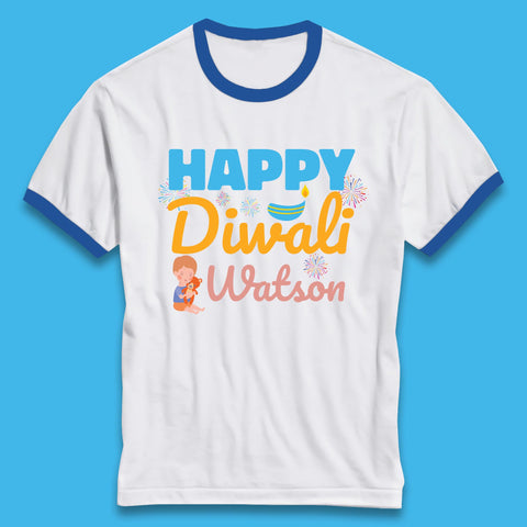 Personalised Happy Diwali Festival Of Lights Your Name Indian Diwali Holiday Celebration Ringer T Shirt