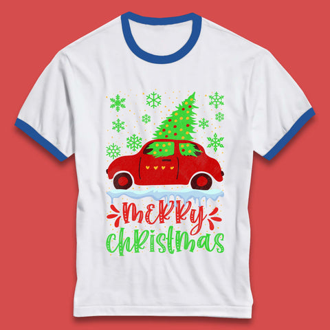 Merry Christmas Red Car With A Christmas Tree Xmas Snow Ringer T Shirt