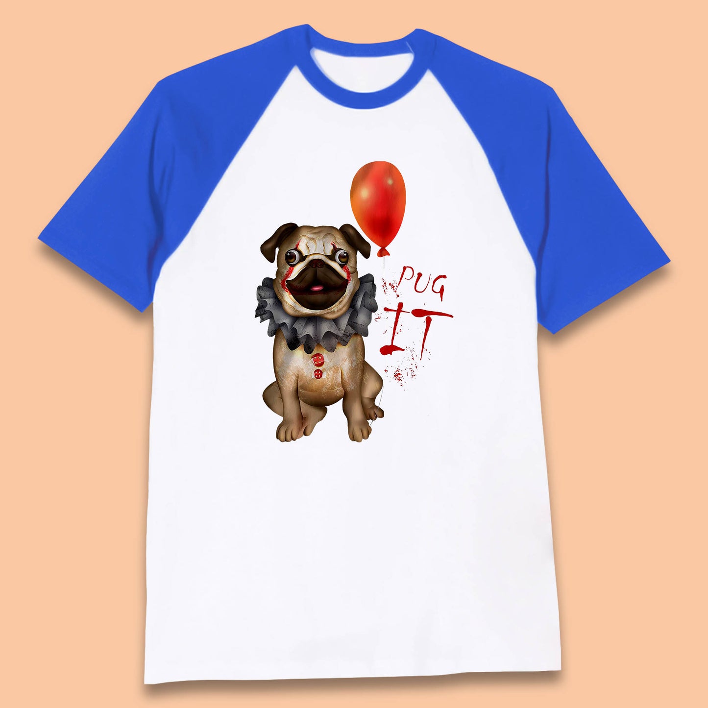 Pug IT Pennywise Clown Dog Spoof Halloween Pug Dog Costume Horror Movie Serial Killer Baseball T Shirt