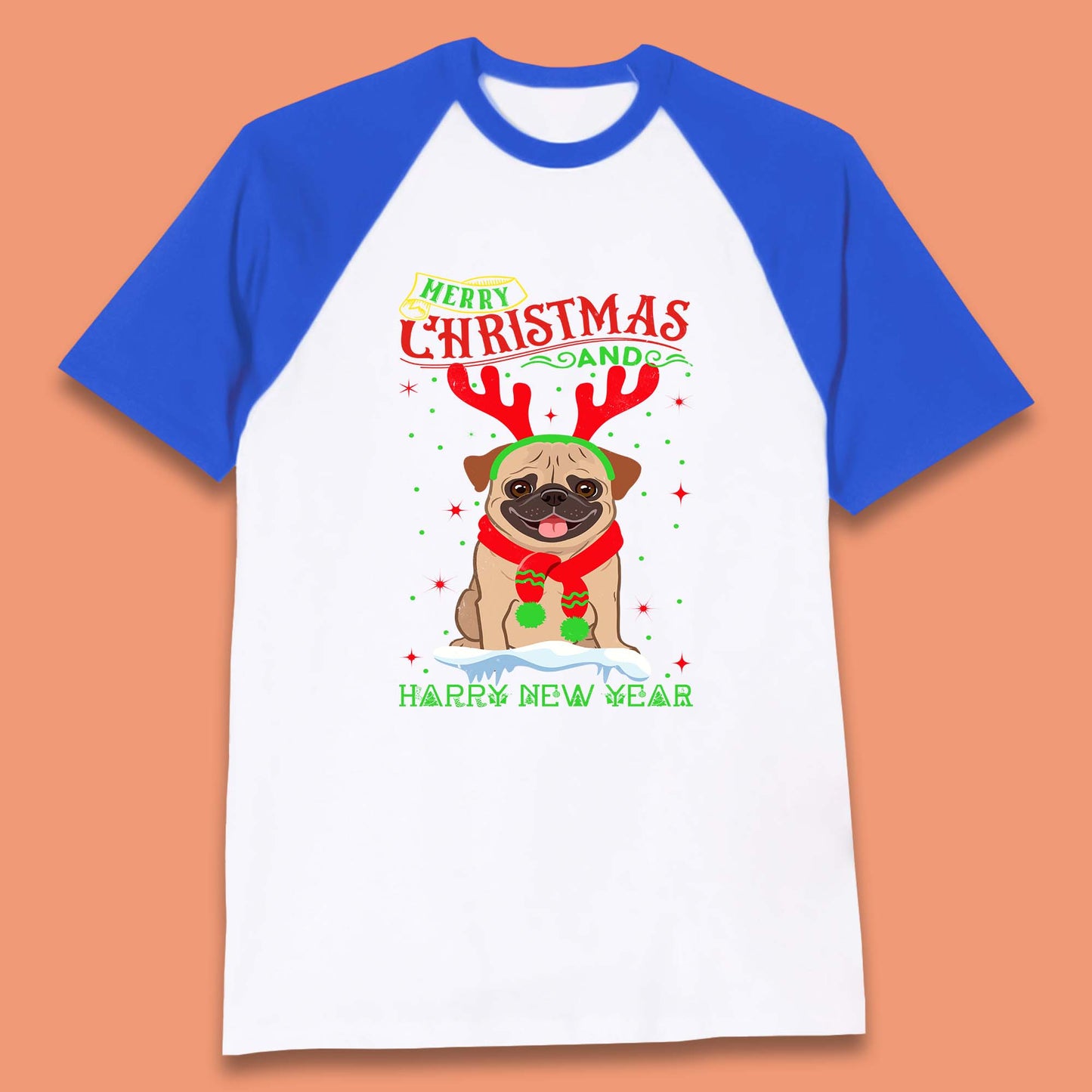 christmas pug dog baseball t-shirt