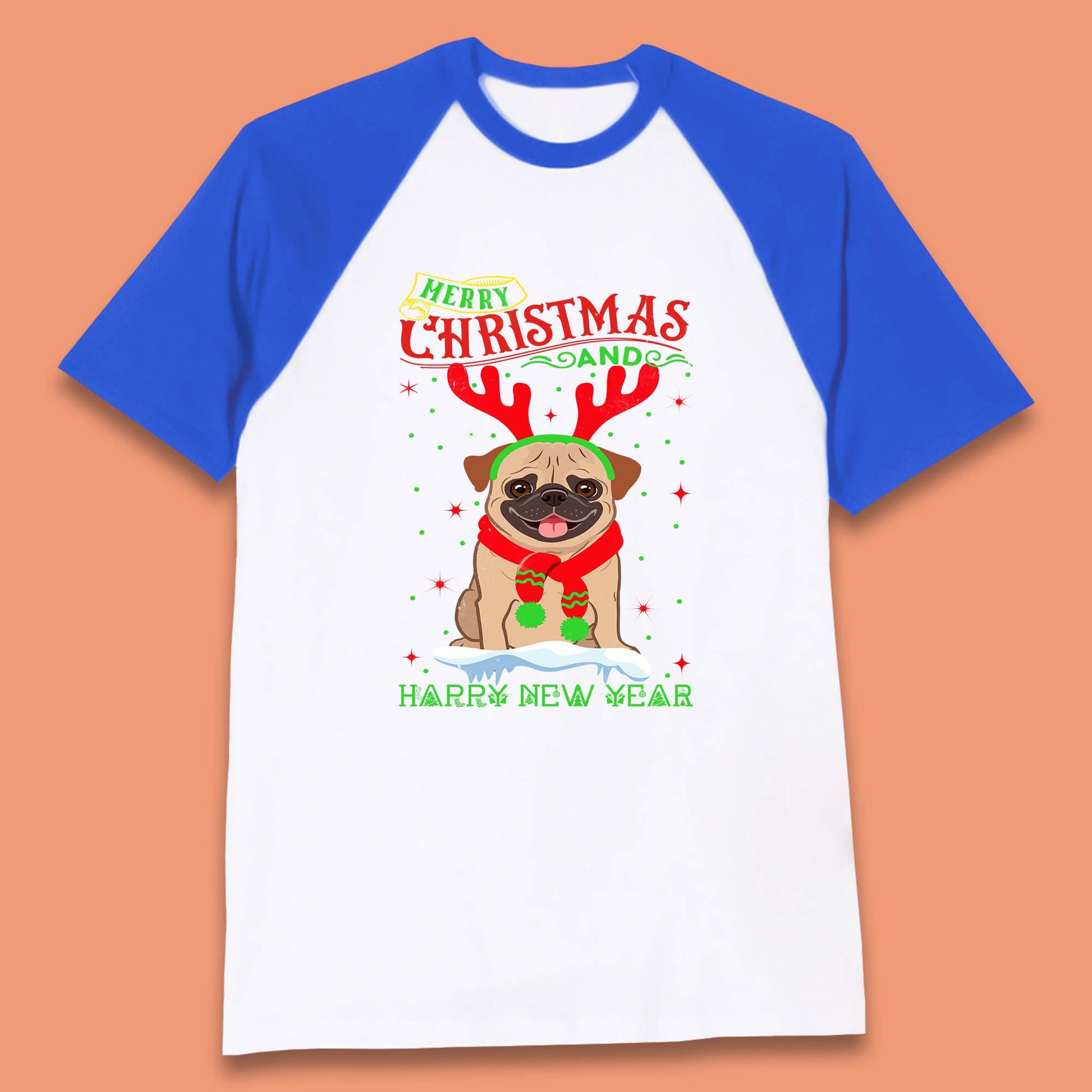 christmas pug dog baseball t-shirt