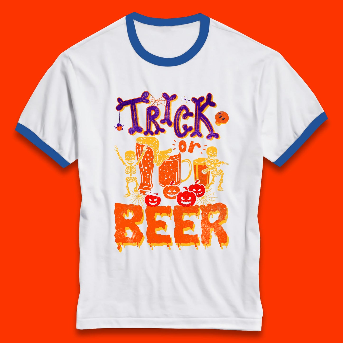Trick Or Beer Halloween Drinking Beer Lover Dancing Skeleton Drinker Halloween Party Ringer T Shirt