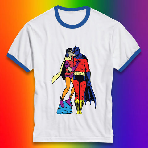 Batman X Robin Superhero Kiss Gay Pride LGBT Gay Bat Superheros Film DC Comics Ringer T Shirt