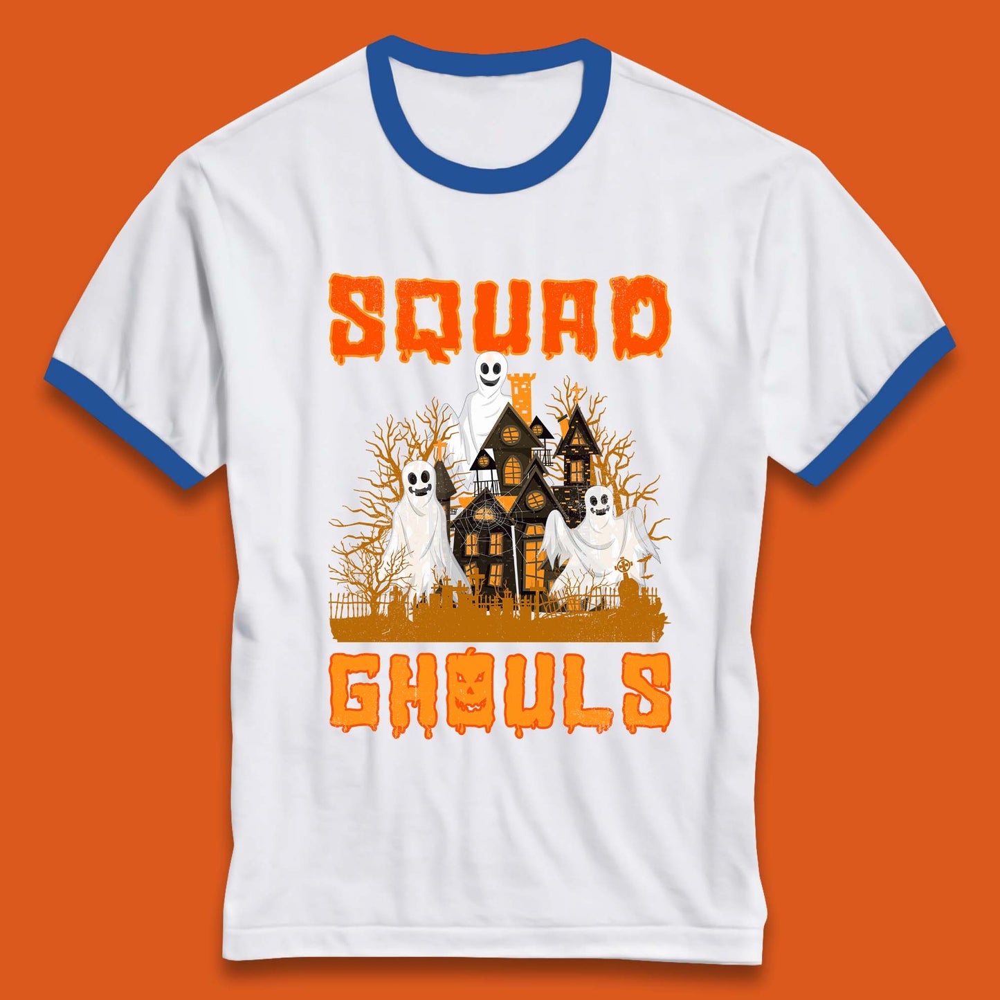 Squad Ghouls Halloween Boo Ghost Horror Scary Haunted House Ringer T Shirt