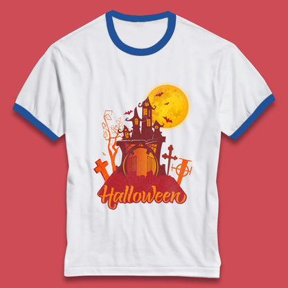 Halloween Lettering With Full Moon Scary Haunted House Flying Bats Horror Graveyard Ringer T Shirt