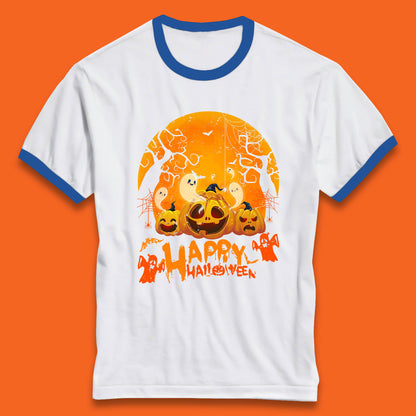 Happy Halloween Jack O Lantern Pumpkins Scary Boo Ghost Haunted Trees Ringer T Shirt
