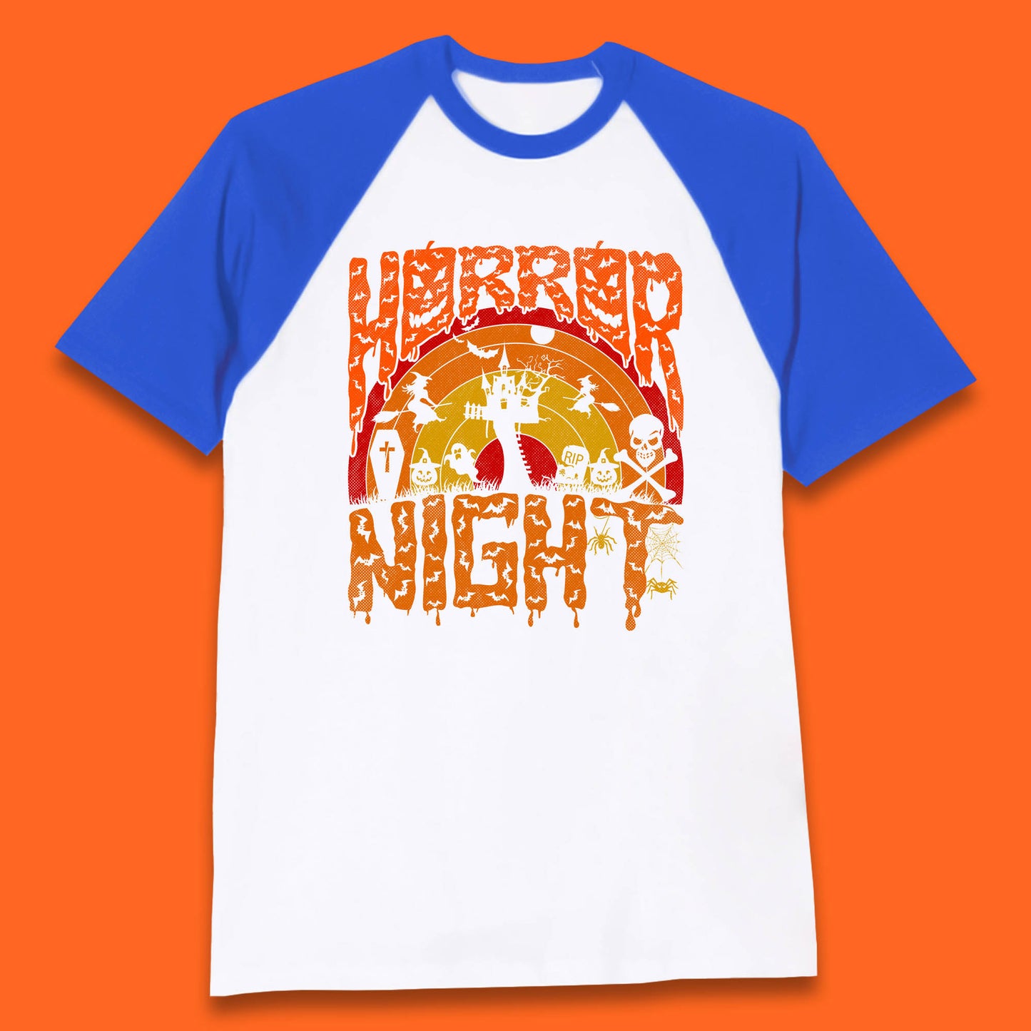 Halloween Horror Night Vintage Rainbow Flying witches Scary Boo Spooky Festive Night Baseball T Shirt