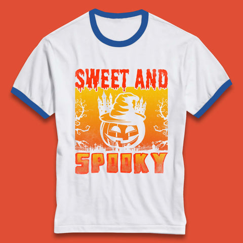 Sweet And Spooky Happy Halloween Witch Hat Pumpkin Horror Scary Season Ringer T Shirt