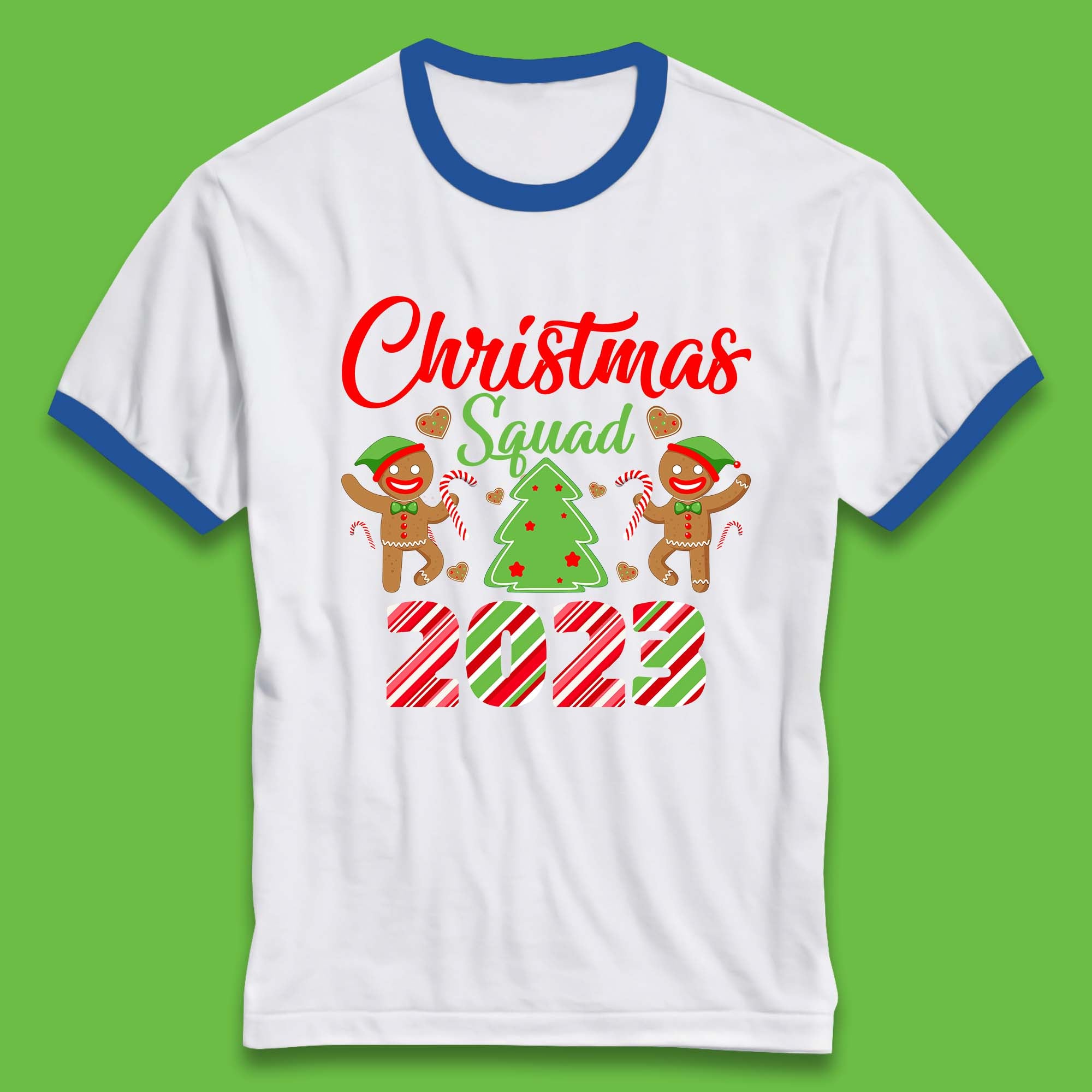 Christmas Squad 2023 Christmas Tree Xmas Gingerbread Man with Candy Cane Ringer T Shirt