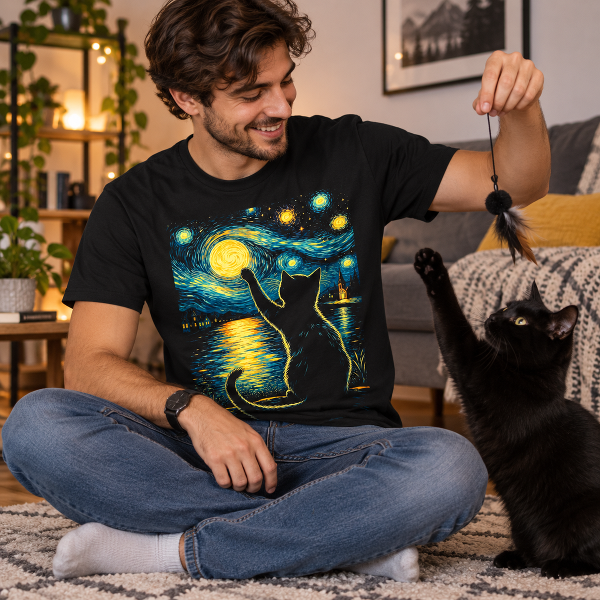 Starry Night Black Cat T Shirt Vincent Van Gogh Style Cat Tees