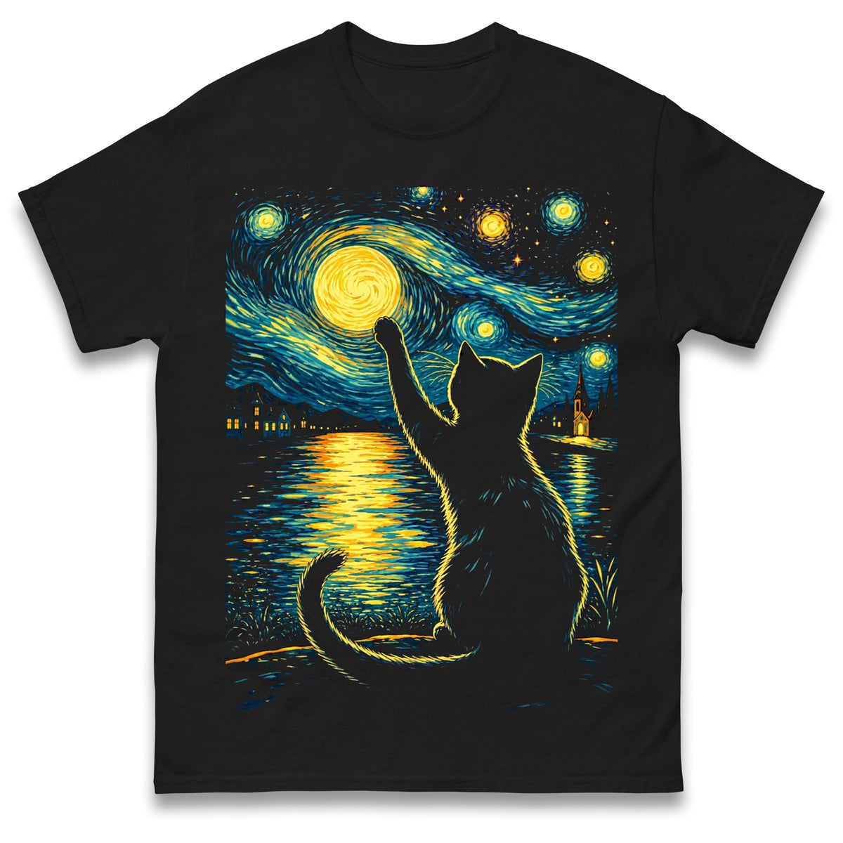 Starry Night Black Cat T Shirt Vincent Van Gogh Style Cat Tees