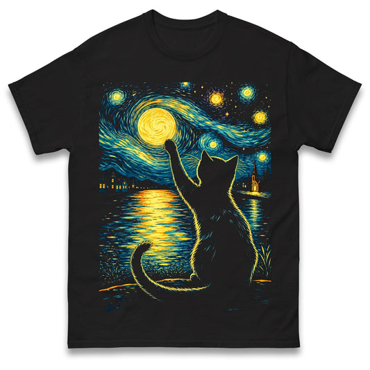 Starry Night Black Cat T Shirt Vincent Van Gogh Style Cat Tees