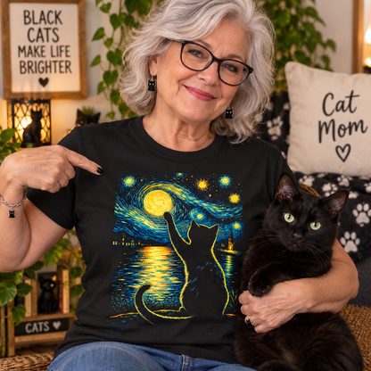 Starry Night Black Cat T Shirt Vincent Van Gogh Style Cat Tees