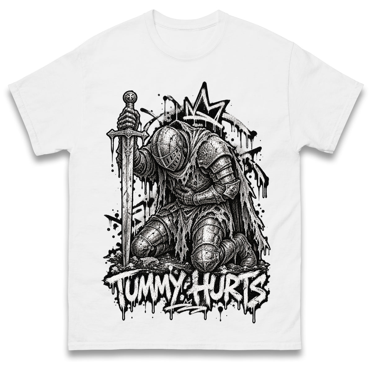 Tummy Hurts Knight Shirt Funny Dark Fantasy Graphic Tee Ironic Meme T Shirt