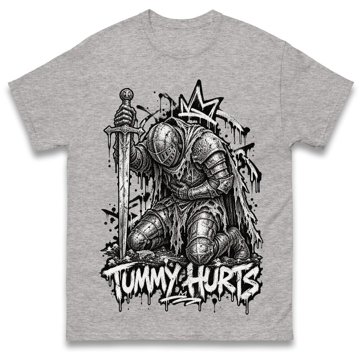 Tummy Hurts Knight Shirt Funny Dark Fantasy Graphic Tee Ironic Meme T Shirt