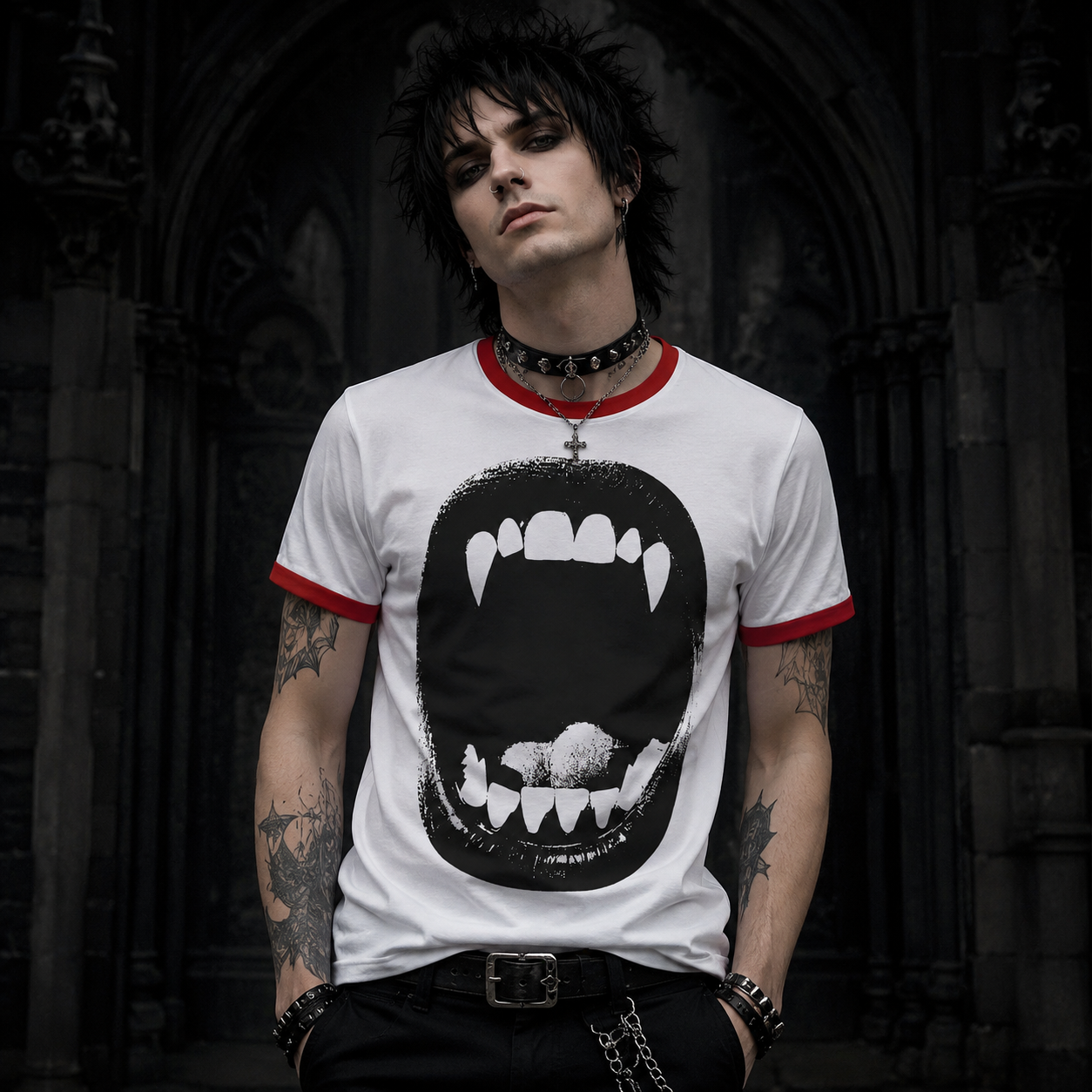 Vampire Bite Tee Gothic Ringer Shirt with Retro Contrast Collar