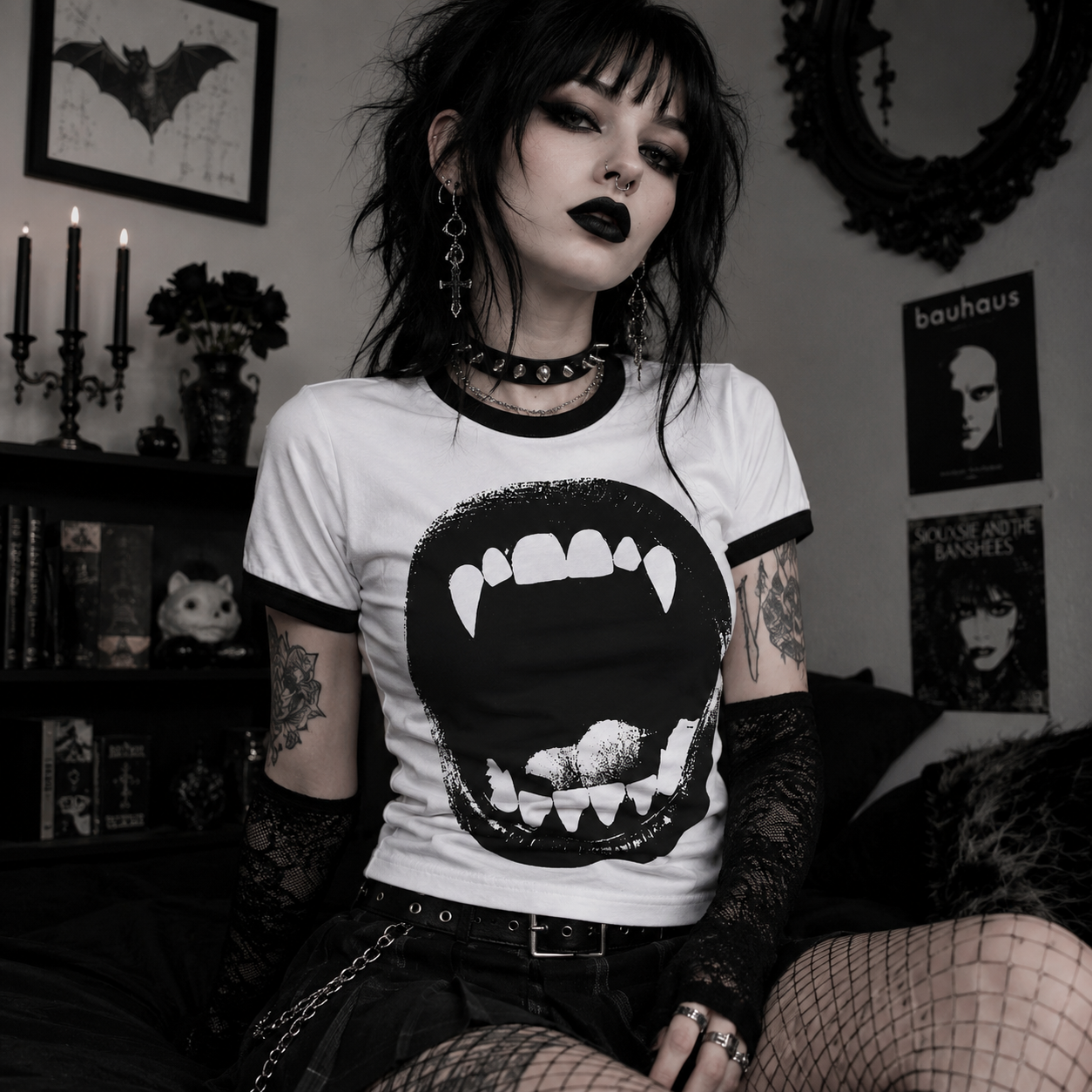 Vampire Bite Tee Gothic Ringer Shirt with Retro Contrast Collar