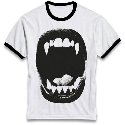 Vampire Bite Tee Gothic Ringer Shirt with Retro Contrast Collar